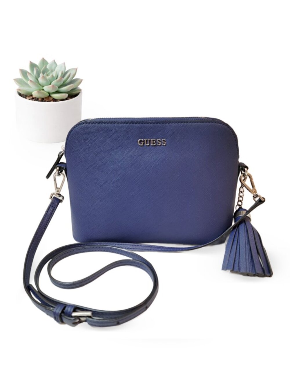 Guess Navy Blue Saffiano Dome Crossbody Bag Silver Hardware Tassel Charm
